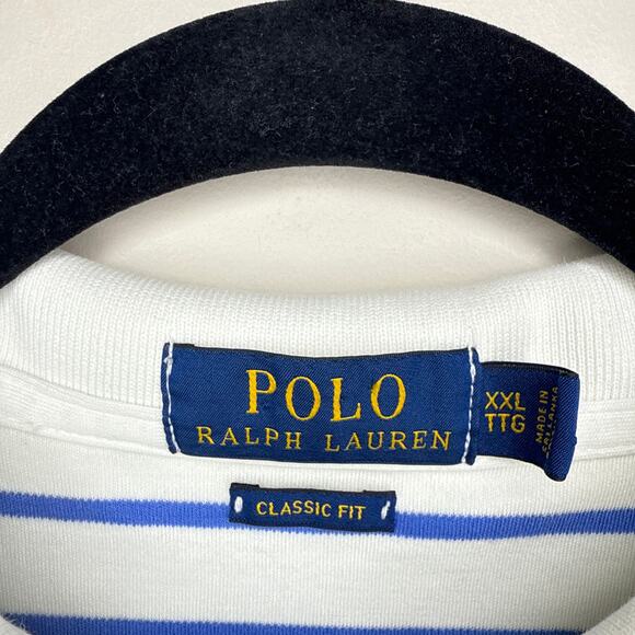 Polo Ralph Lauren XXL Classic Fit Striped Soft Cotton Polo White‎ Blue Preppy - Picture 2 of 8